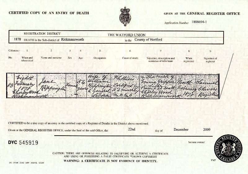 Rippington (Jane nee Woodstock) 1878 Death Certificate